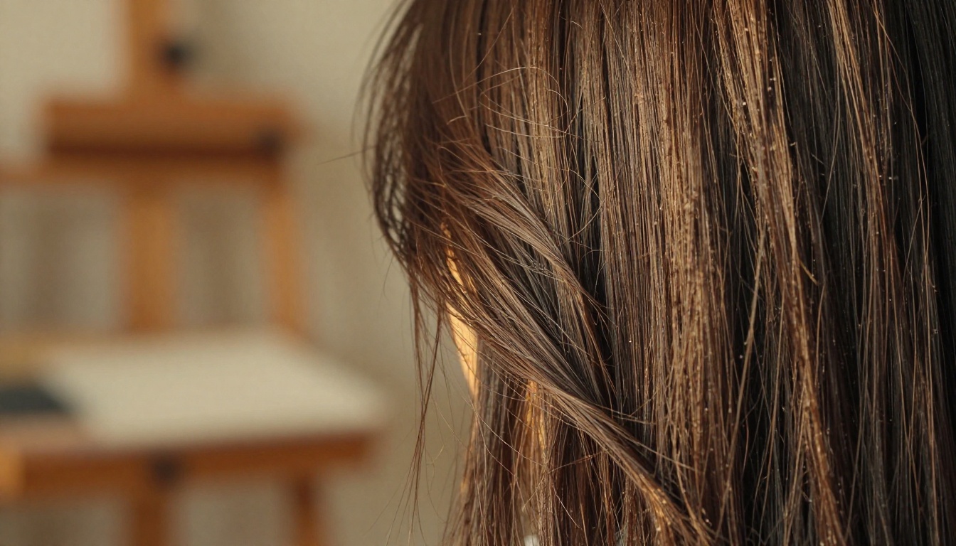 Hair texture and strand detail rendered with natural depth, flyaway strands catching warm sidelight