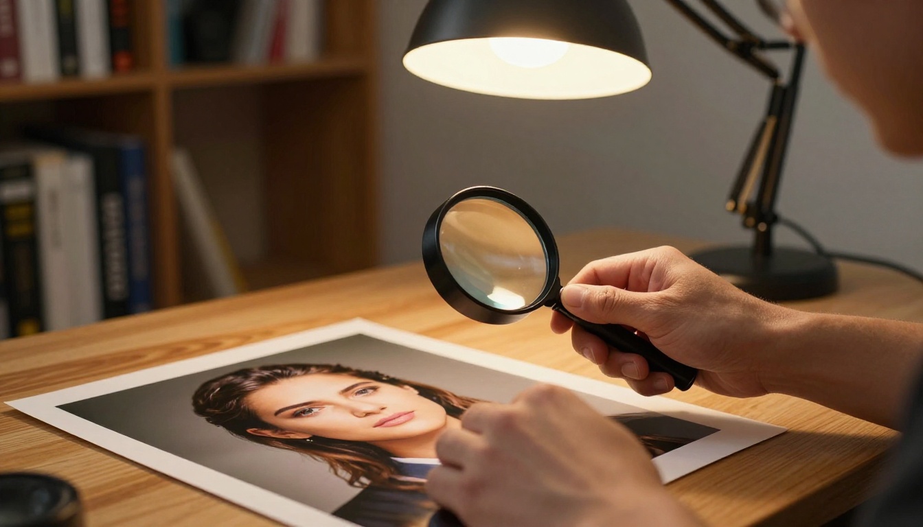 Photographer holding a loupe magnifier over a printed portrait to examine upscaled fine detail