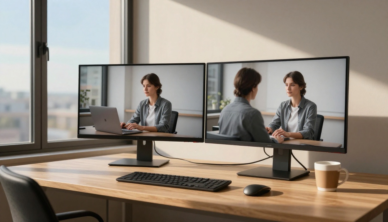 Artist at dual-monitor workstation reviewing portrait outputs with afternoon light from left window