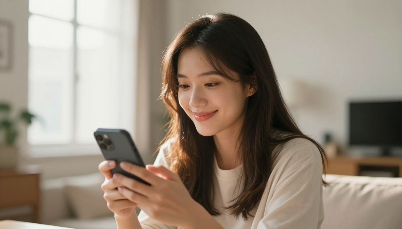 Young woman looking at smartphone with a warm satisfied expression in a bright apartment
