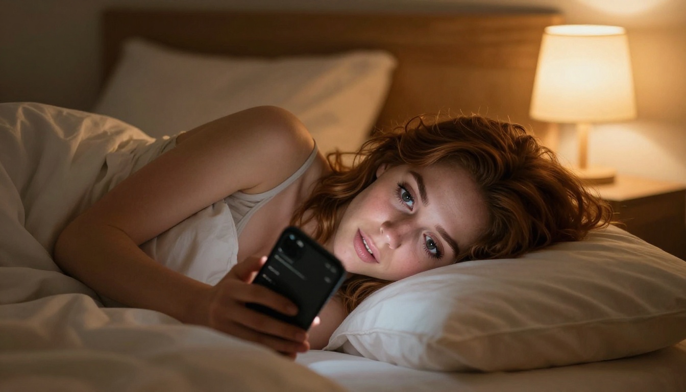 Woman lying in bed at night, warm amber light, holding phone with curious expression, wavy auburn hair on white sheets