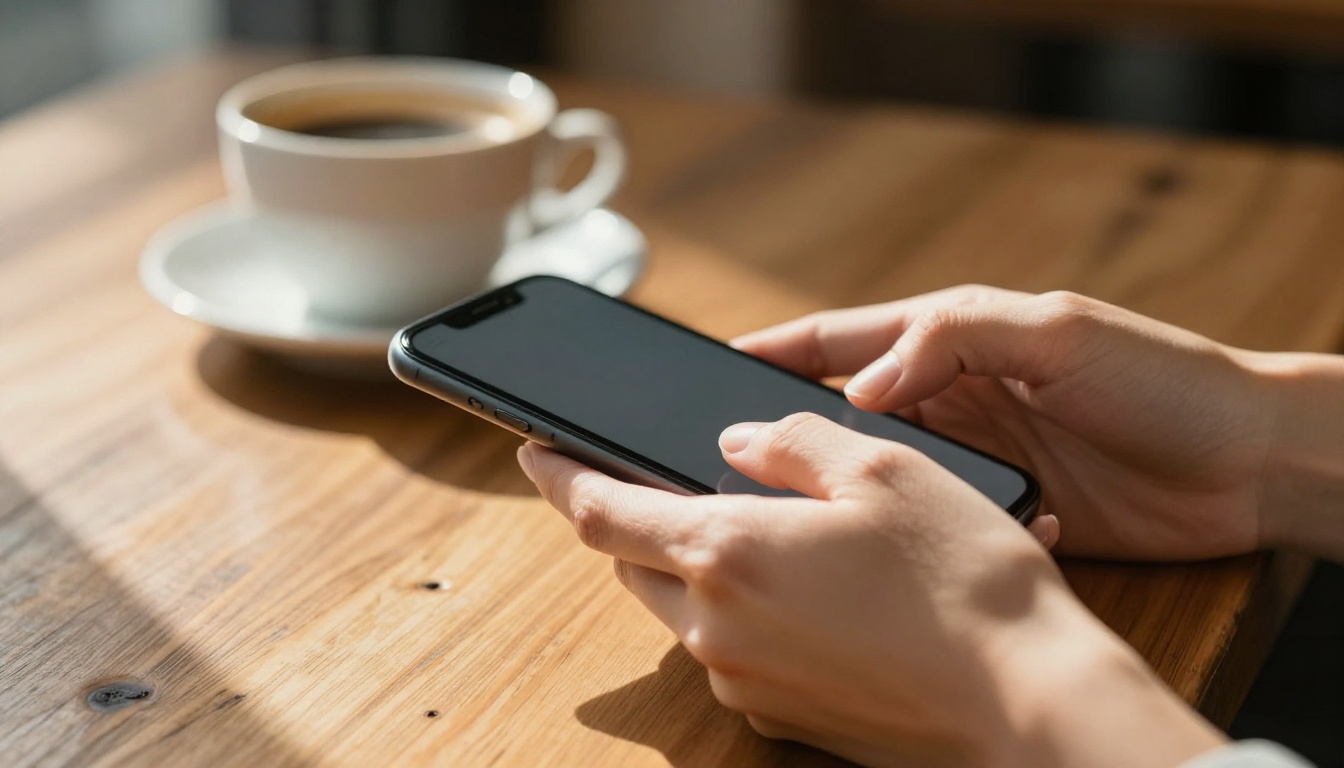 Close-up of feminine hands typing on smartphone at warm wooden cafe table, golden morning sunlight casting long shadows