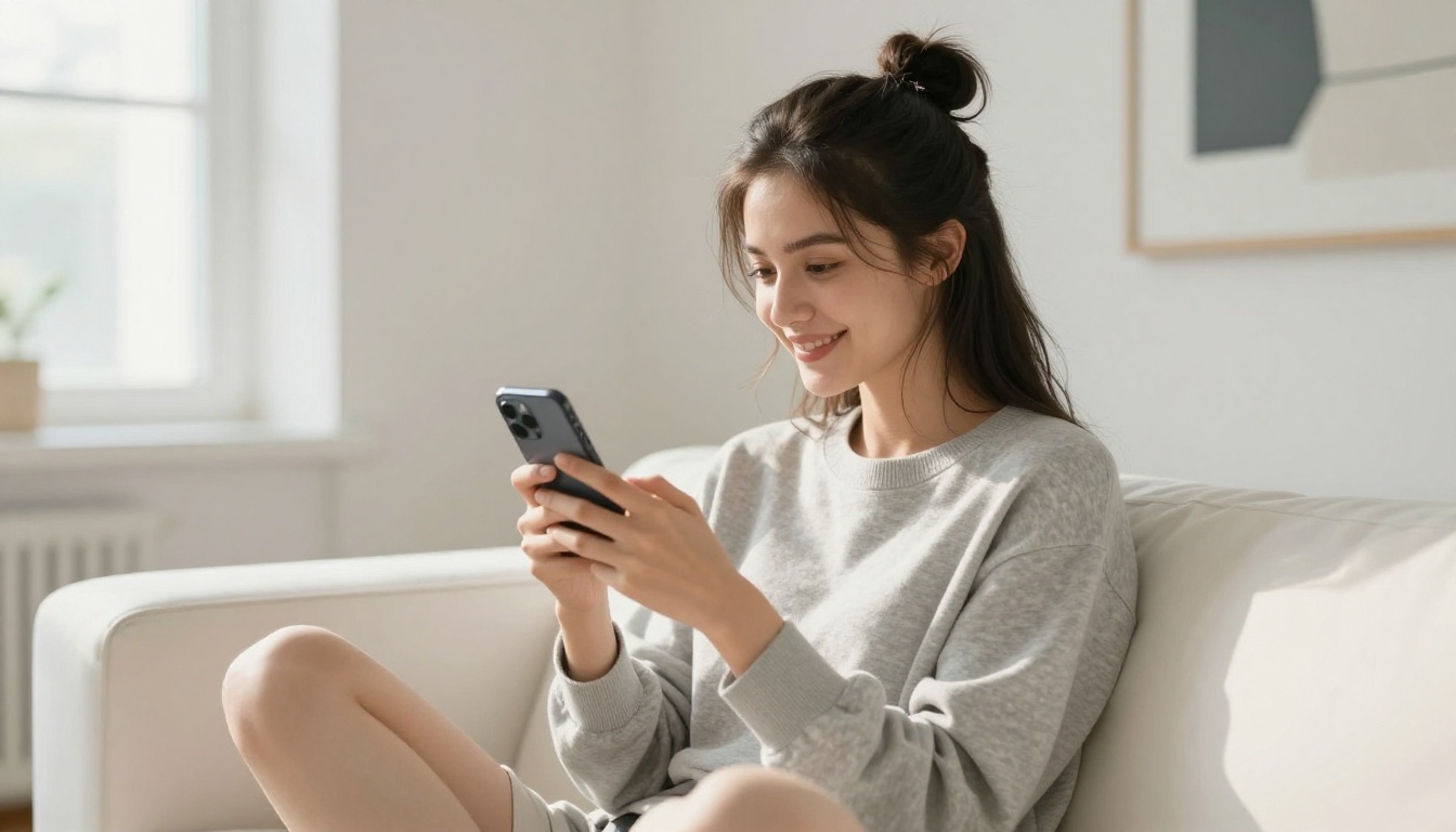 Young woman sitting cross-legged on white minimalist sofa, smiling at phone, dark hair in loose bun, bright apartment