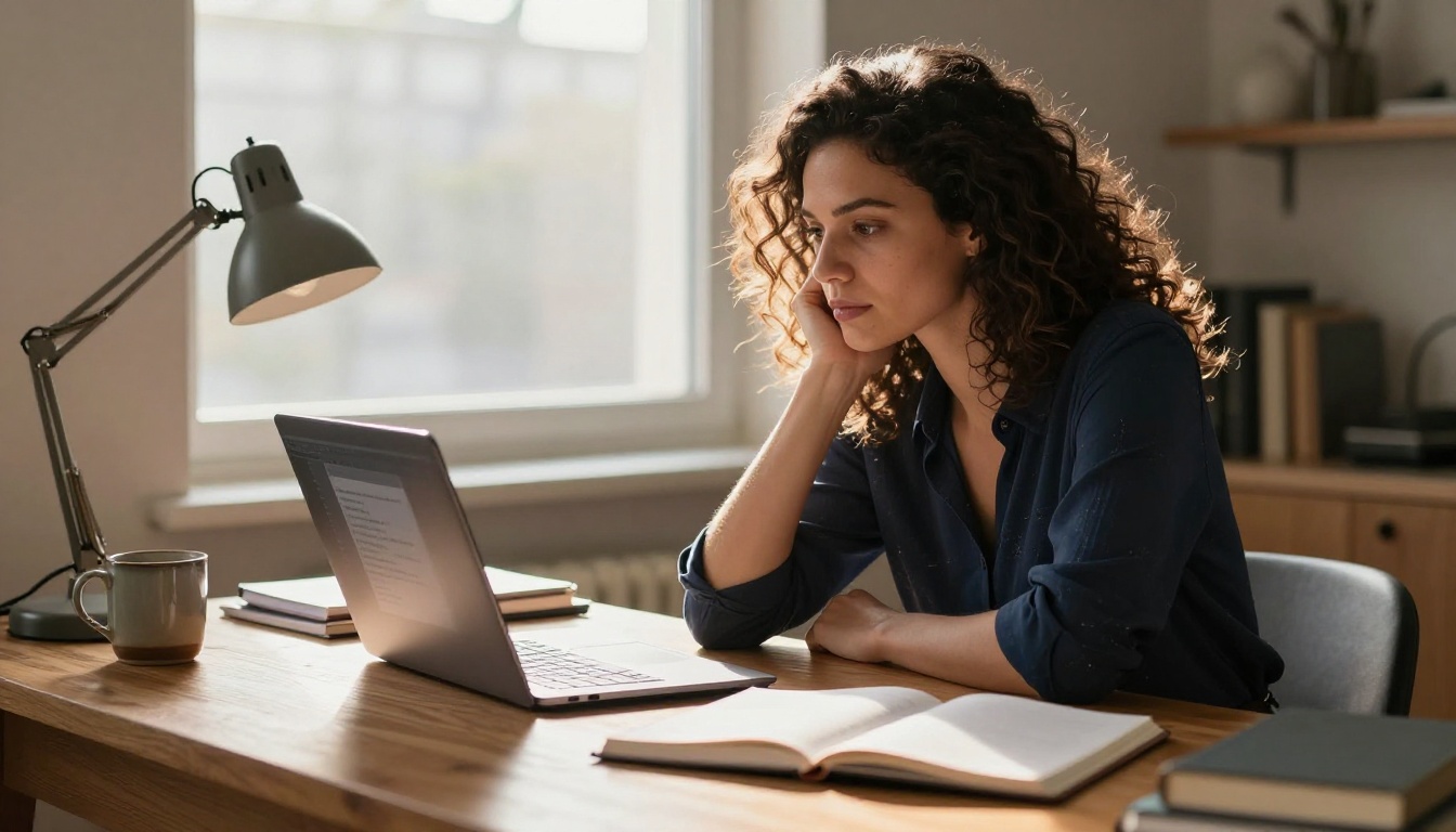 Woman at home office desk in thoughtful pose, dark curly hair, warm late afternoon backlight, notebooks and coffee mug