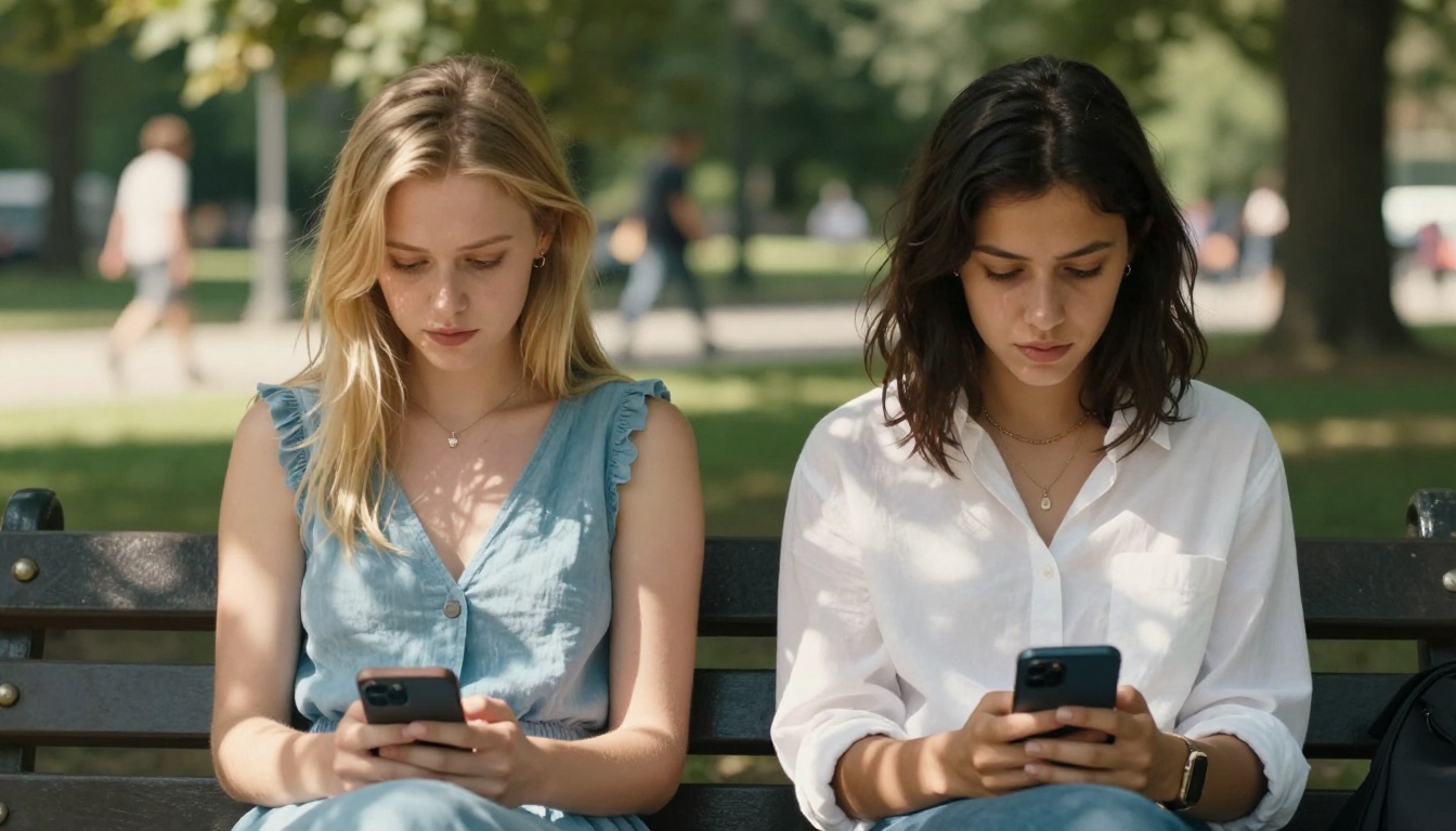 Two young women on a sunny park bench comparing smartphones, dappled sunlight through tree leaves, relaxed candid moment