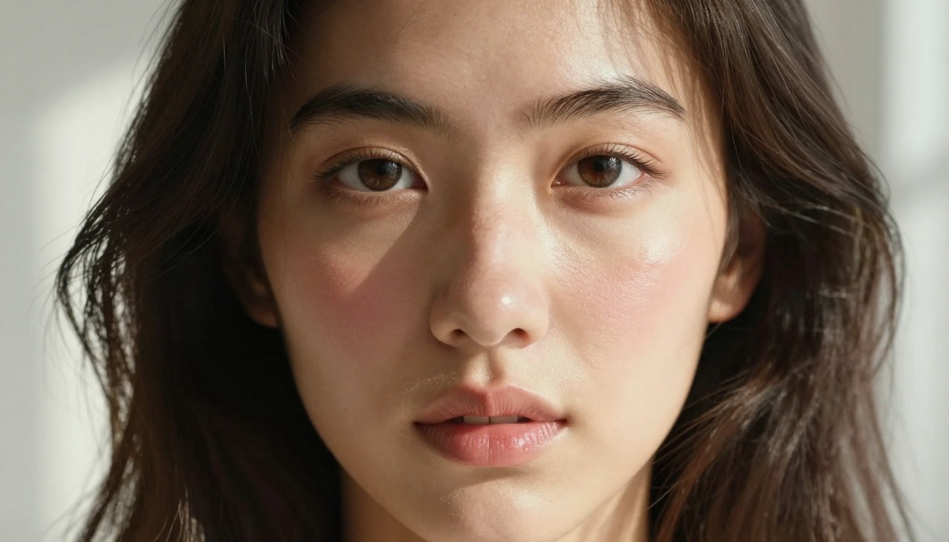 Photorealistic close-up beauty portrait of a woman with natural skin texture and authentic lighting
