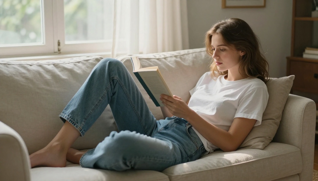 Young woman in casual home setting with natural afternoon window light