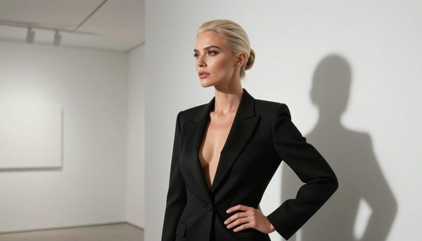 High-fashion editorial portrait demonstrating character consistency across styling and environment variations