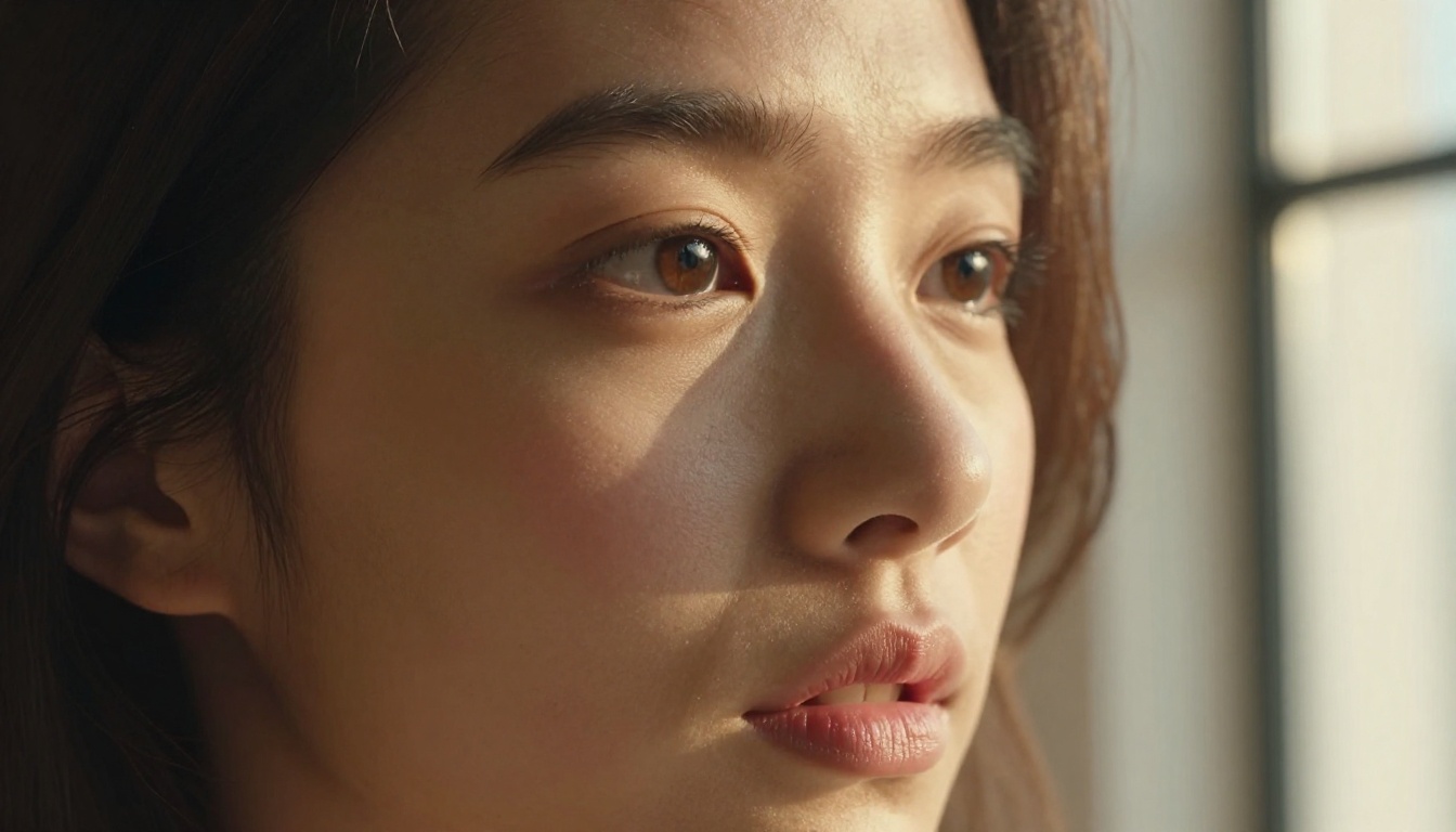 Ultra close-up portrait of young woman, face filling frame, soft morning light, exceptional skin detail, pensive expression