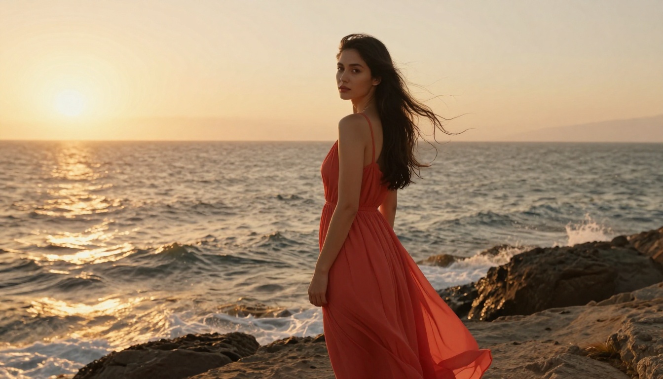 Young woman at golden hour on rocky coastal cliffside with warm ocean light and flowing dress