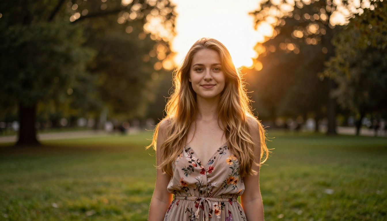 Outdoor portrait of woman in golden hour sunlight, honey-blonde hair with rim light backlight halo, flowing floral sundress, park bokeh background