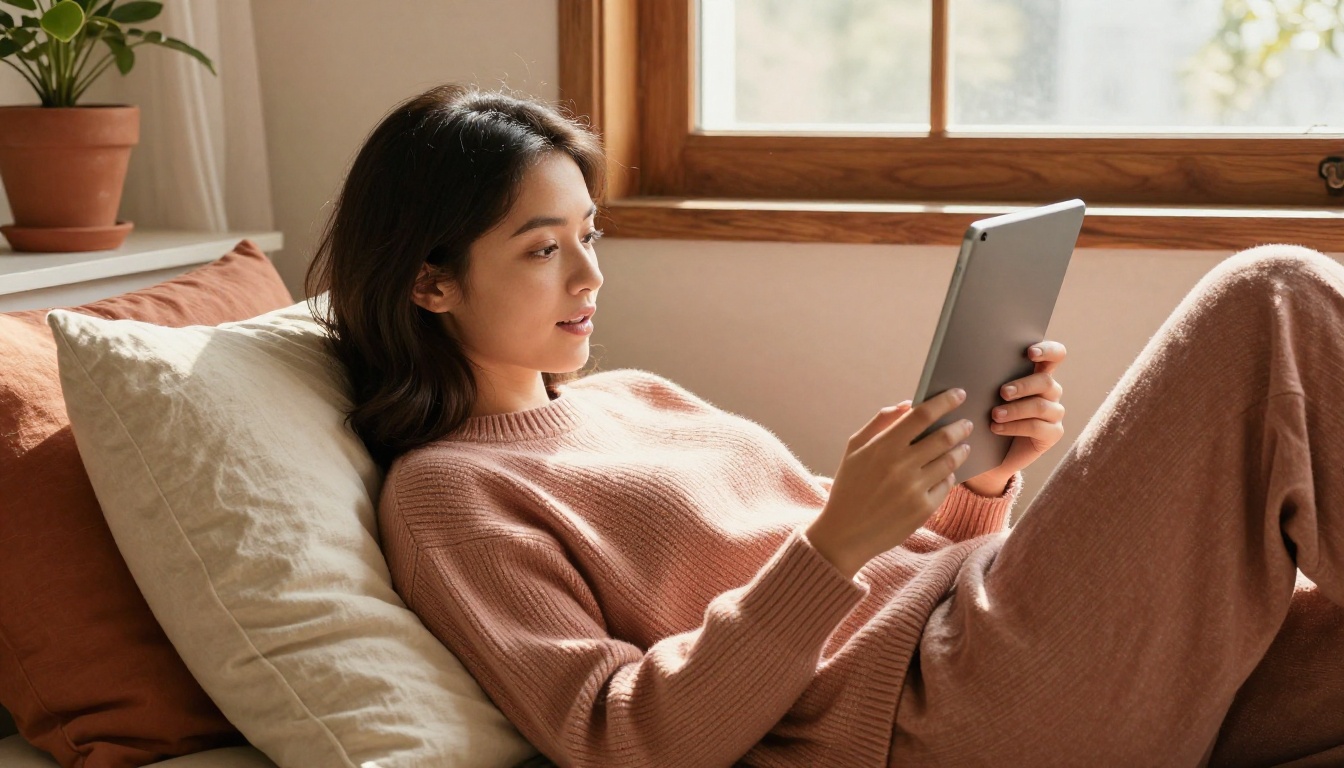 Woman reclining on cushioned window seat with tablet, soft terracotta knit top, afternoon light through sheer curtains, cozy home atmosphere