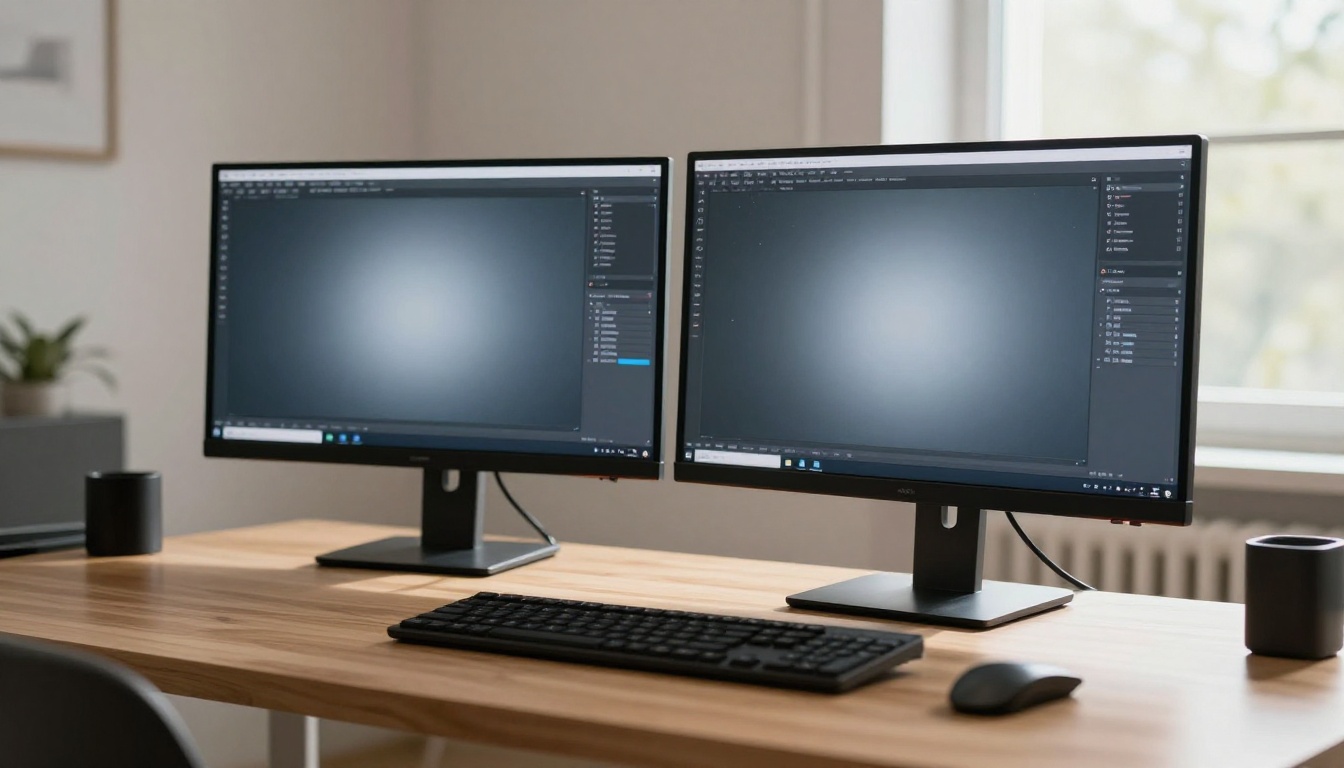 Two professional 4K monitors side by side displaying AI video generation interfaces in a warm creative studio Two professional 4K monitors side by side displaying AI video generation interfaces in a warm creative studio