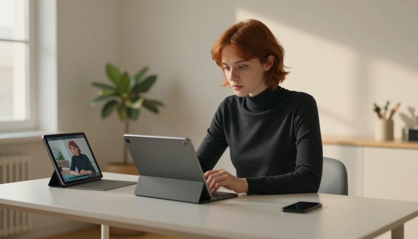 Young woman with short auburn hair studying two tablet screens showing AI video output samples, warm afternoon window light Young woman with short auburn hair studying two tablet screens showing AI video output samples, warm afternoon window light