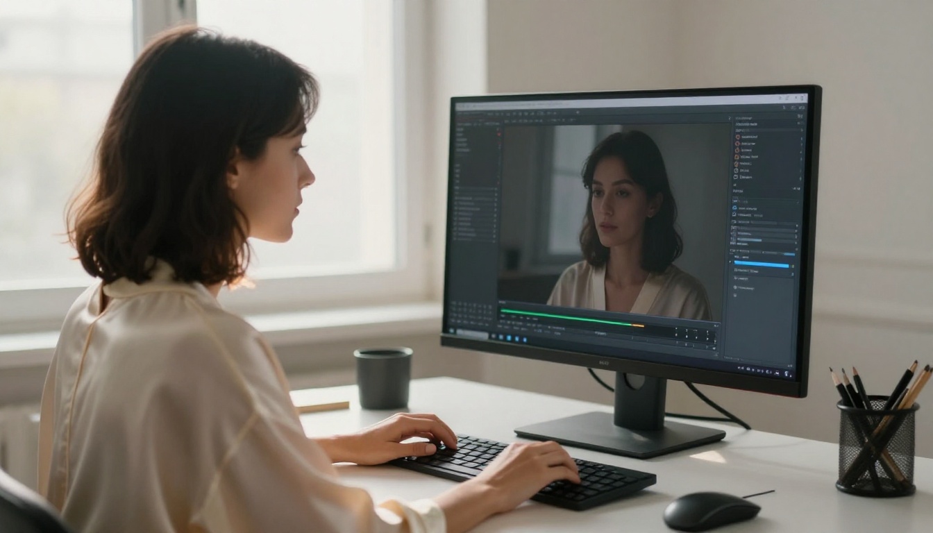 Woman with dark shoulder-length hair in cream silk robe viewing video generation progress on monitor, soft morning backlit halo effect Woman with dark shoulder-length hair in cream silk robe viewing video generation progress on monitor, soft morning backlit halo effect