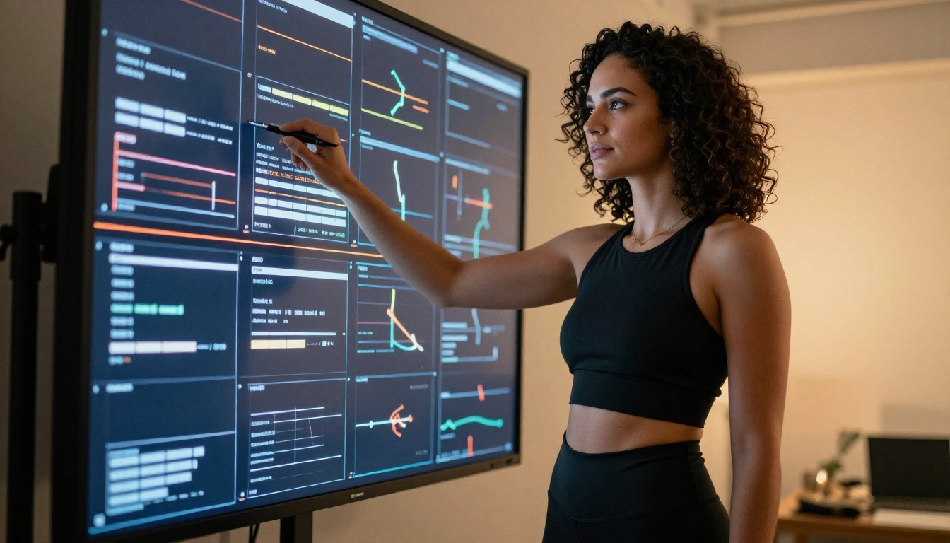Confident woman with curly dark hair in fitted black athletic wear standing before motion visualization light panel in modern studio Confident woman with curly dark hair in fitted black athletic wear standing before motion visualization light panel in modern studio