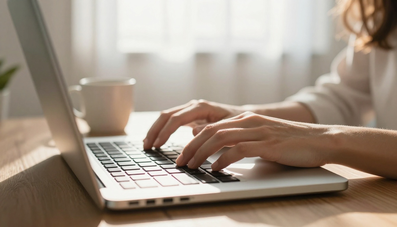 Woman's hands typing on slim silver laptop with golden afternoon sun through sheer curtains creating lens flare on keyboard Woman's hands typing on slim silver laptop with golden afternoon sun through sheer curtains creating lens flare on keyboard