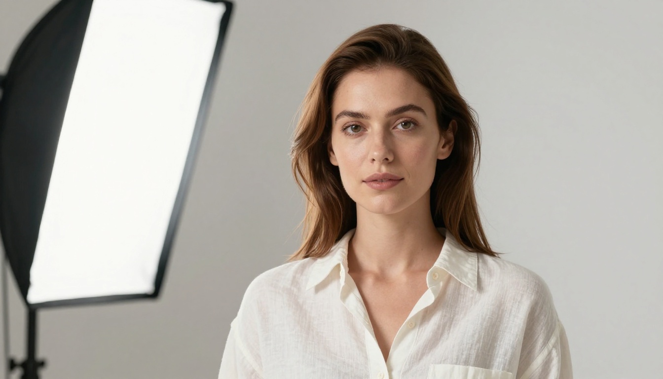 Beautiful woman in off-white linen shirt looking directly at camera with calm confident expression, warm studio portrait with shallow depth of field Beautiful woman in off-white linen shirt looking directly at camera with calm confident expression, warm studio portrait with shallow depth of field