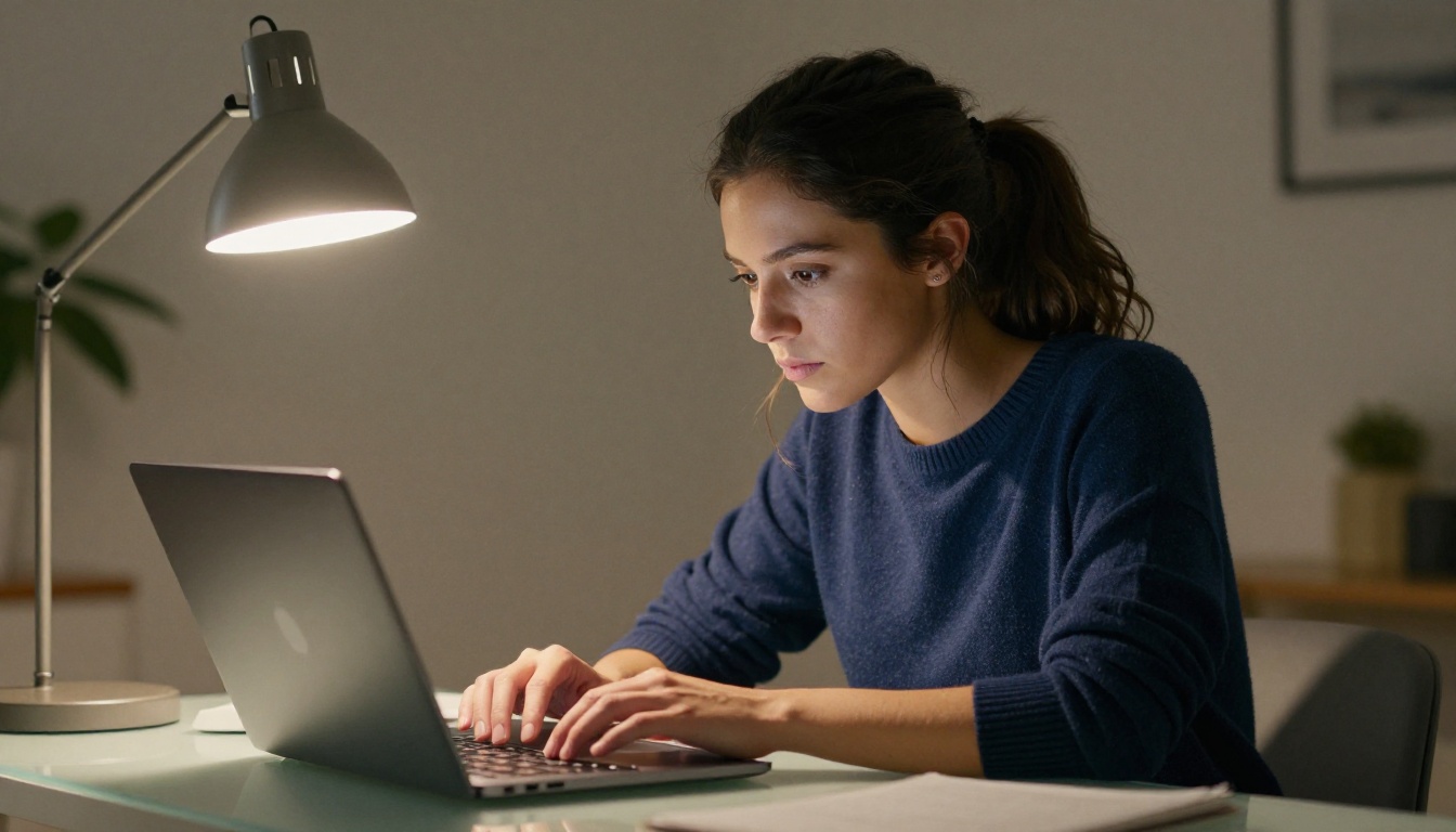 Woman at a sleek desk customizing her AI companion appearance Woman at a sleek desk customizing her AI companion appearance