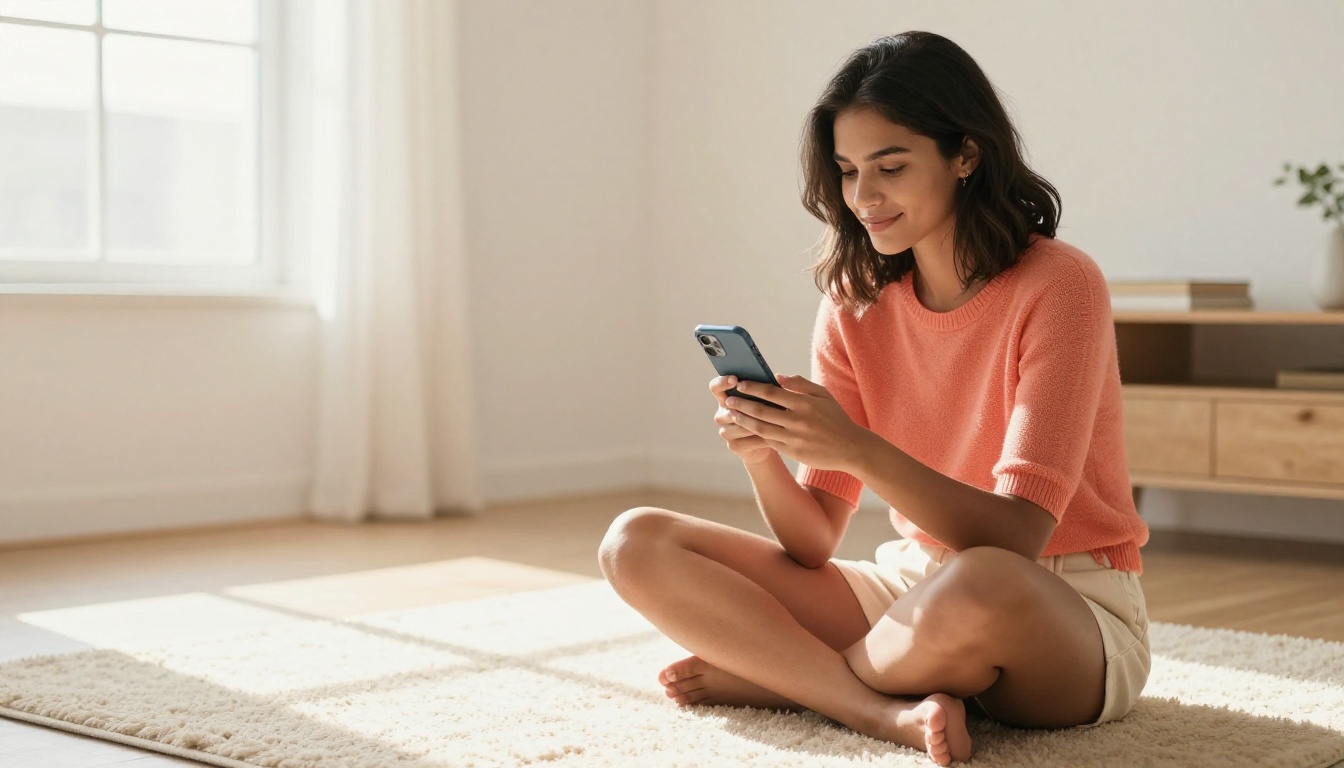 Woman smiling at smartphone representing an AI companion conversation Woman smiling at smartphone representing an AI companion conversation