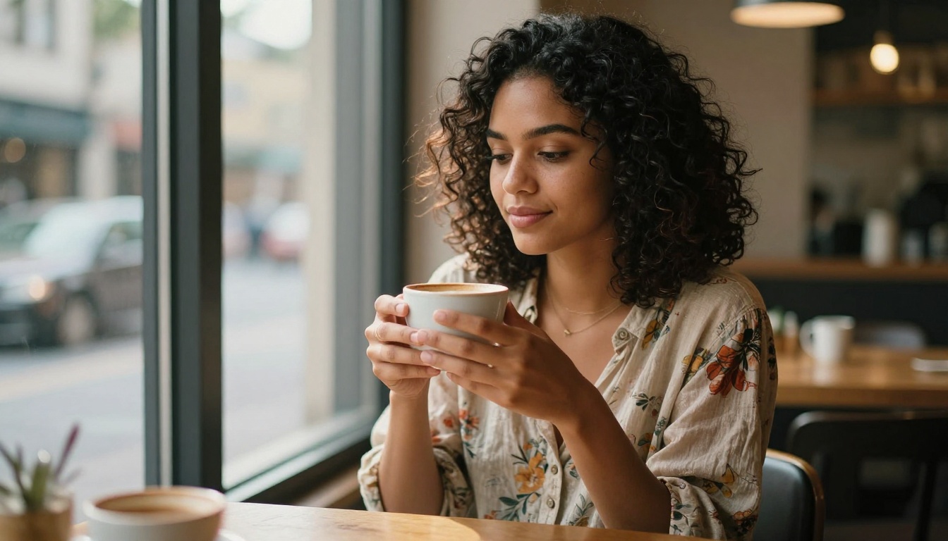 Woman in a cafe window seat representing a personalized AI companion lifestyle image Woman in a cafe window seat representing a personalized AI companion lifestyle image