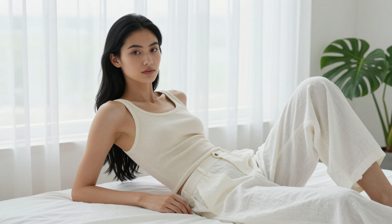 Woman relaxing near windows representing a calm AI companion interaction Woman relaxing near windows representing a calm AI companion interaction