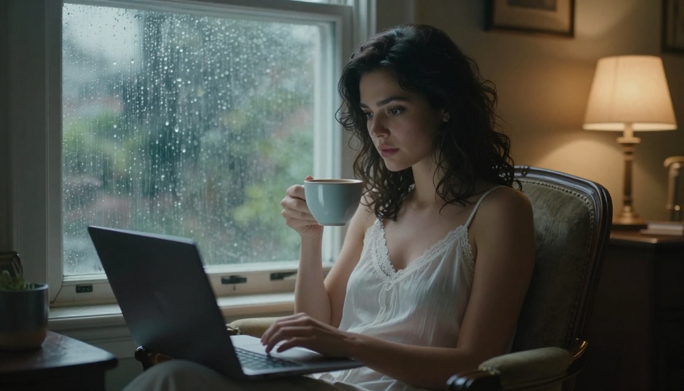 atmospheric cozy reading room woman with laptop