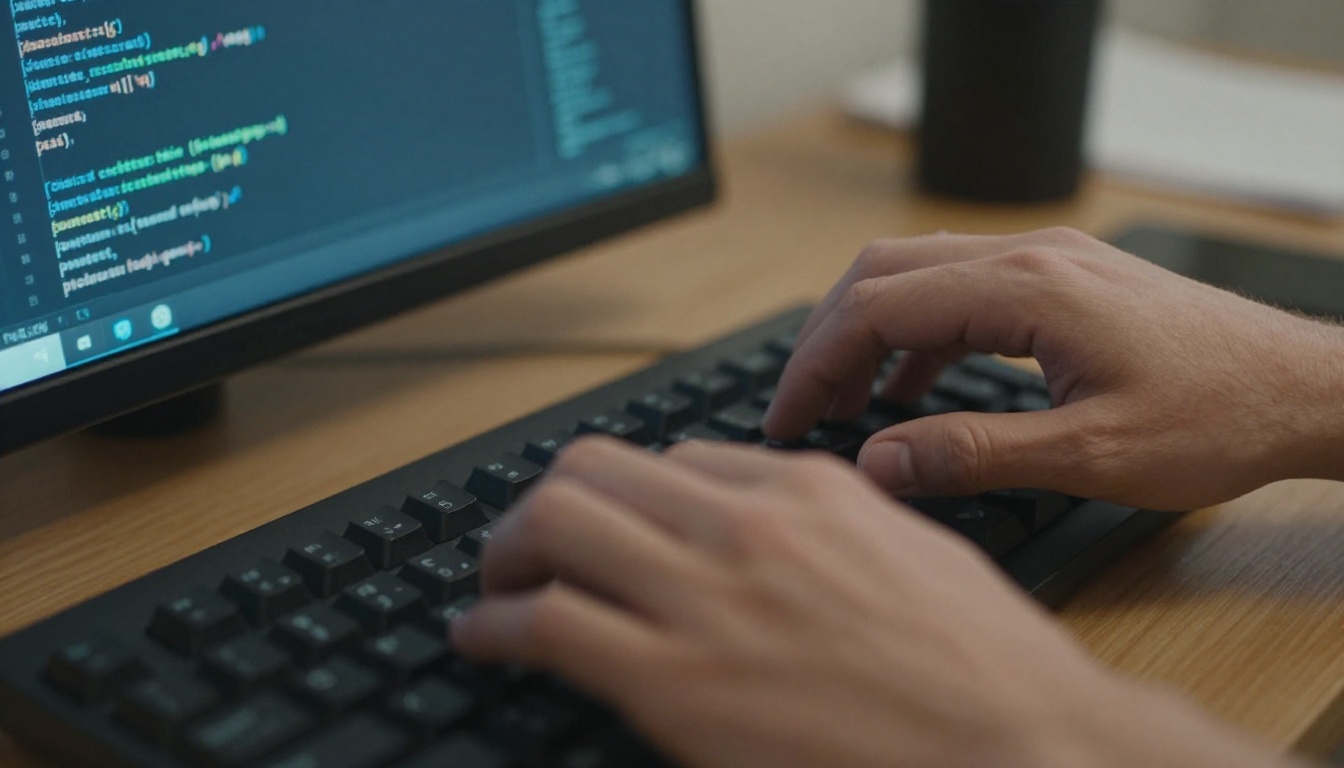 Hands typing a detailed AI prompt on a mechanical keyboard