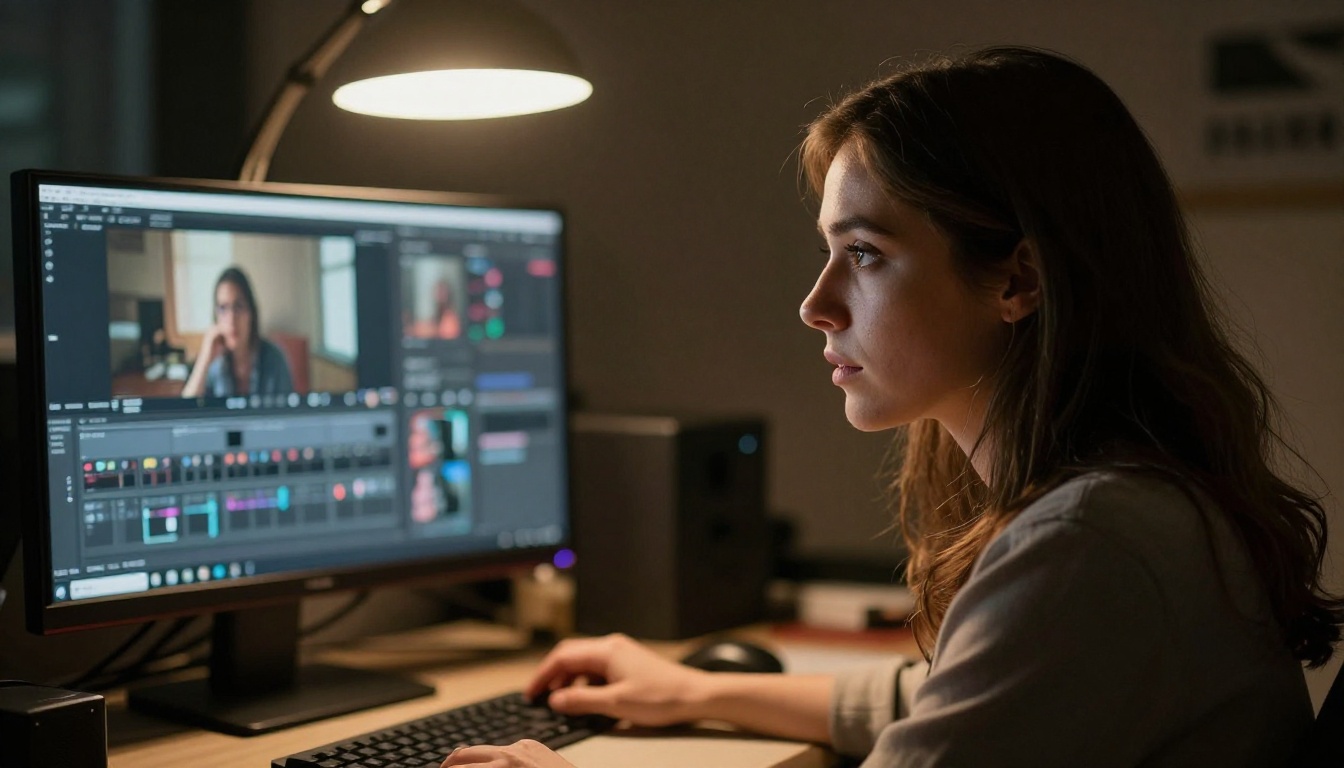 Woman reviewing AI-generated video footage in a professional editing suite
