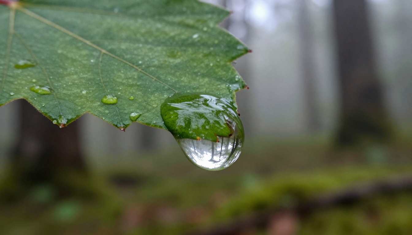 Water droplet falling from a leaf in a forest with soft morning light