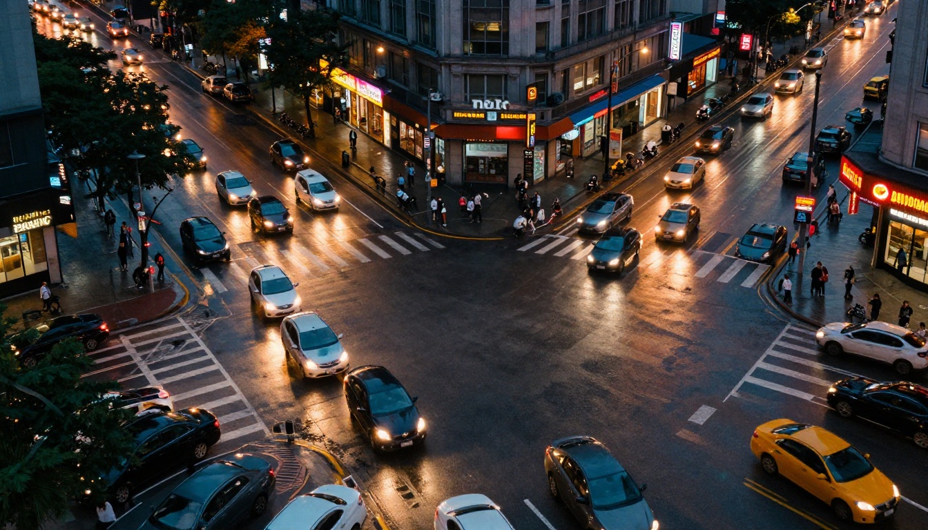 Aerial view of a busy city intersection at dusk with motion blur and reflections