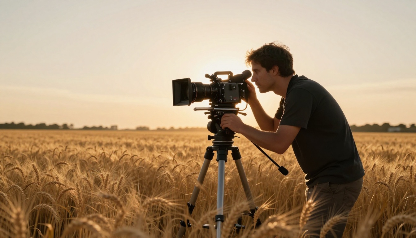 Professional film camera dolly in a golden wheat field at magic hour