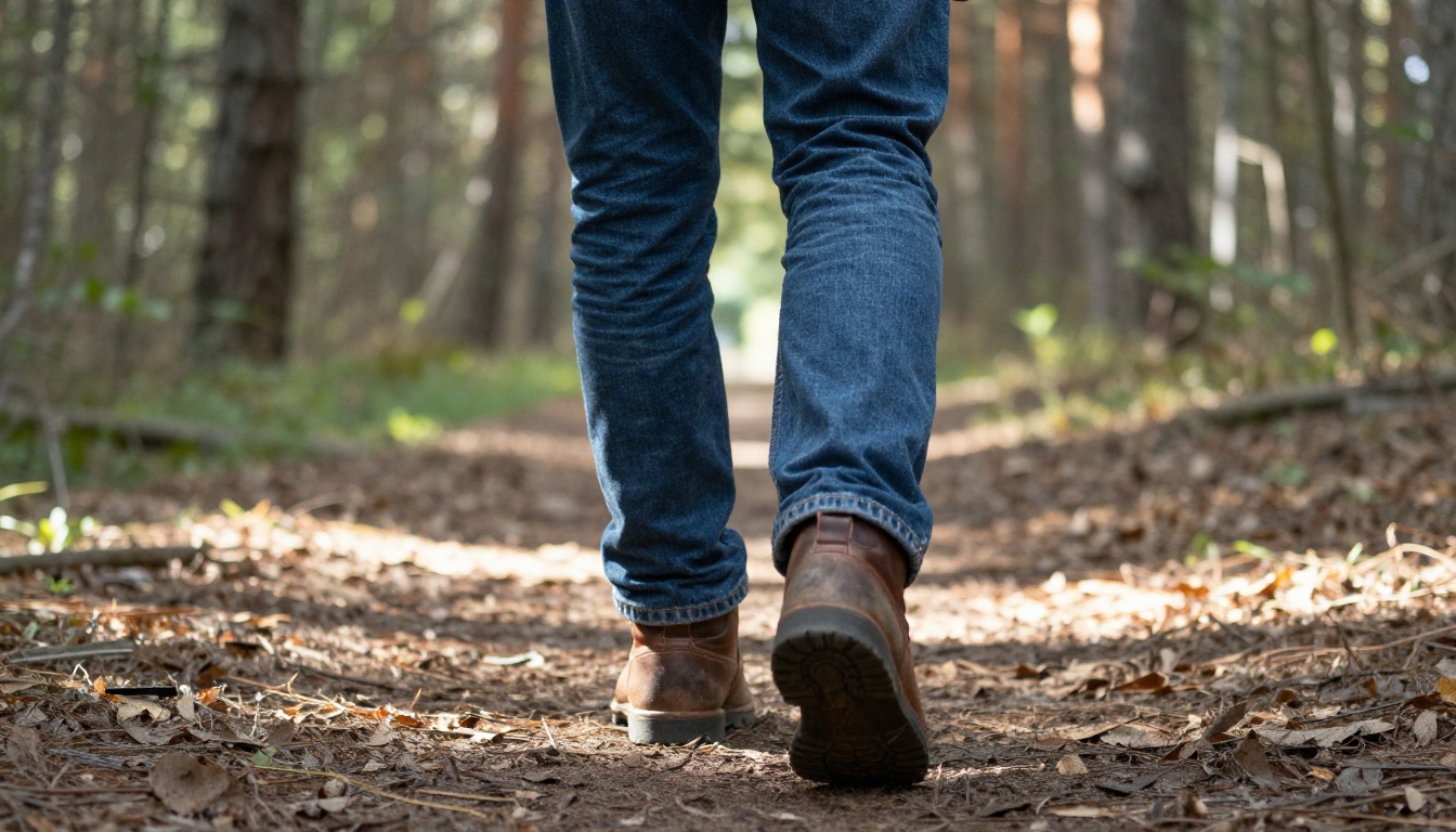 Low-angle shot of person walking through a sun-dappled forest path