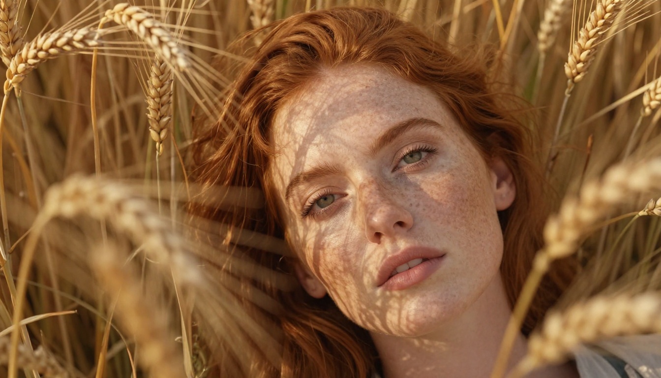 A red-haired woman with freckles lying in a golden wheat field, close-up portrait with natural afternoon backlight, photorealistic RAW photography A red-haired woman with freckles lying in a golden wheat field, close-up portrait with natural afternoon backlight, photorealistic RAW photography