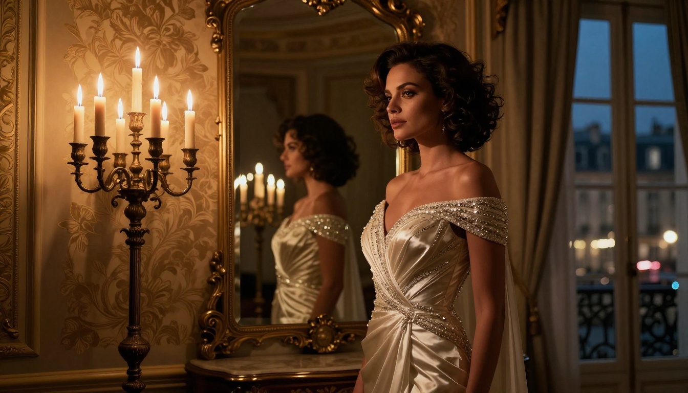 A sophisticated brunette in a designer off-shoulder evening gown before an antique mirror in a candlelit Parisian apartment, photorealistic A sophisticated brunette in a designer off-shoulder evening gown before an antique mirror in a candlelit Parisian apartment, photorealistic