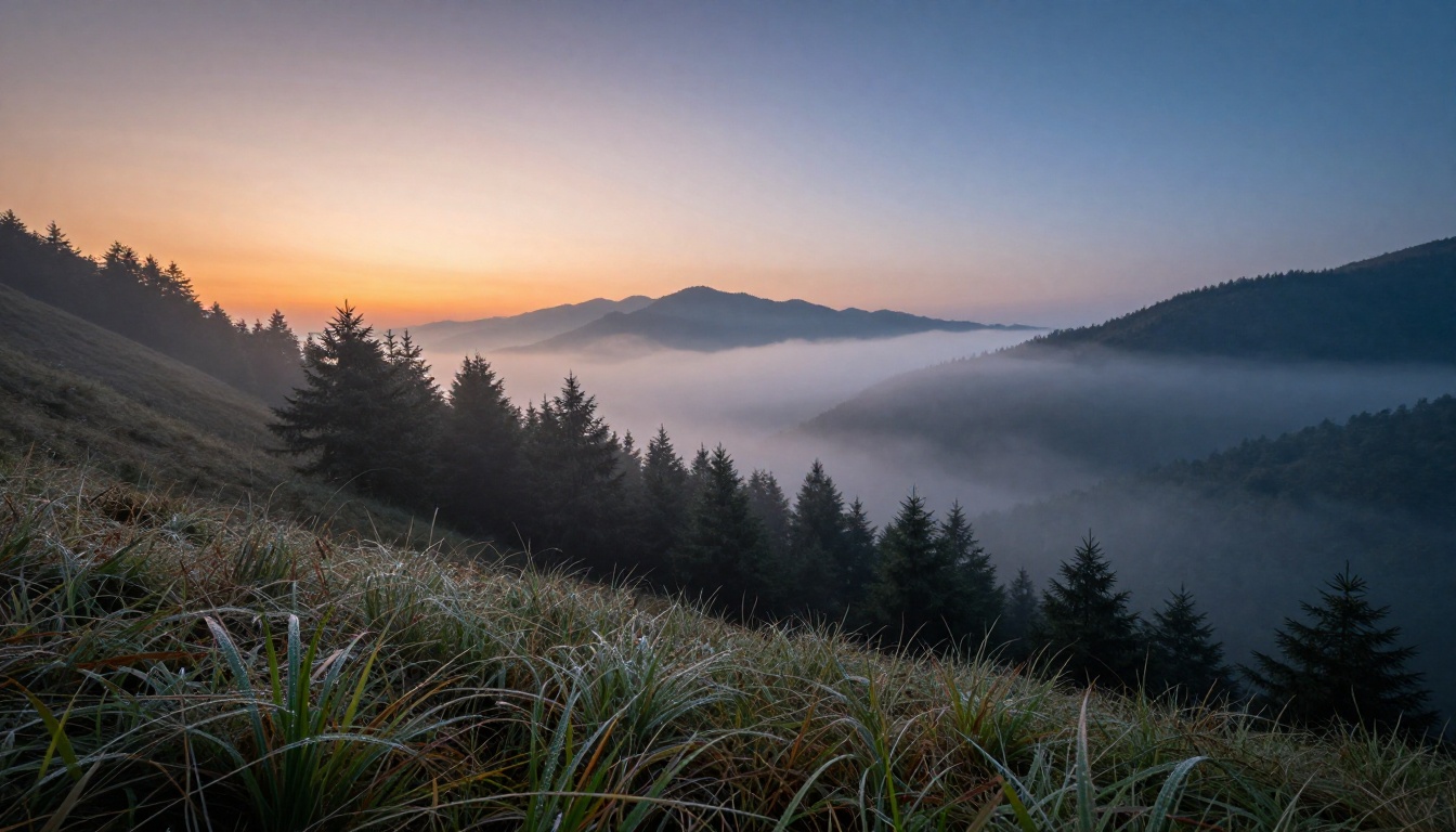 Misty mountain valley at dawn with layered fog rolling through pine ridges