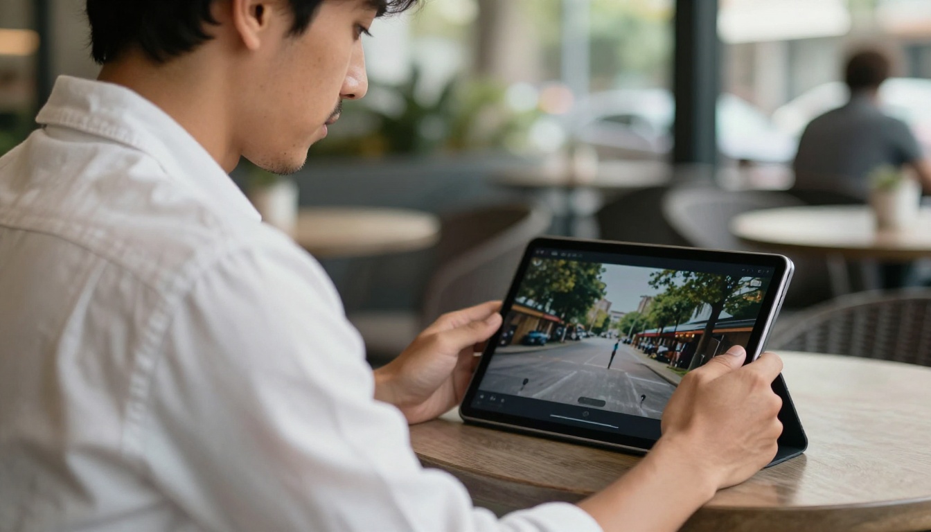 Man watching video on tablet at an outdoor cafe in natural daylight