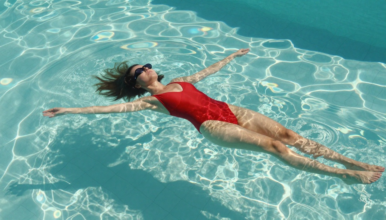 A woman in a vibrant red one-piece swimsuit floating just below the surface of a crystal-clear pool, caustic water light patterns, aerial view, photorealistic RAW photography A woman in a vibrant red one-piece swimsuit floating just below the surface of a crystal-clear pool, caustic water light patterns, aerial view, photorealistic RAW photography