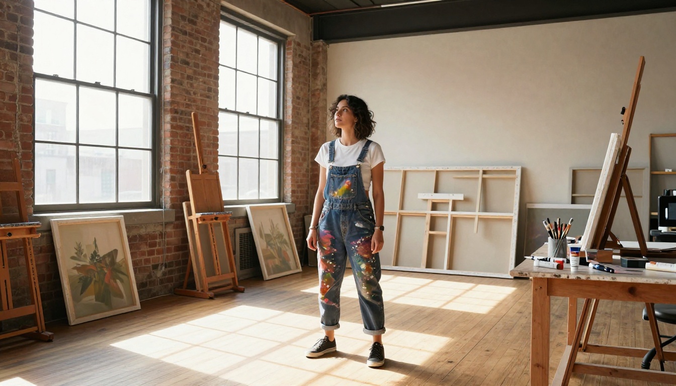 A creative female artist in a sunlit Brooklyn loft studio surrounded by large canvas paintings on exposed brick walls, photorealistic RAW photography A creative female artist in a sunlit Brooklyn loft studio surrounded by large canvas paintings on exposed brick walls, photorealistic RAW photography