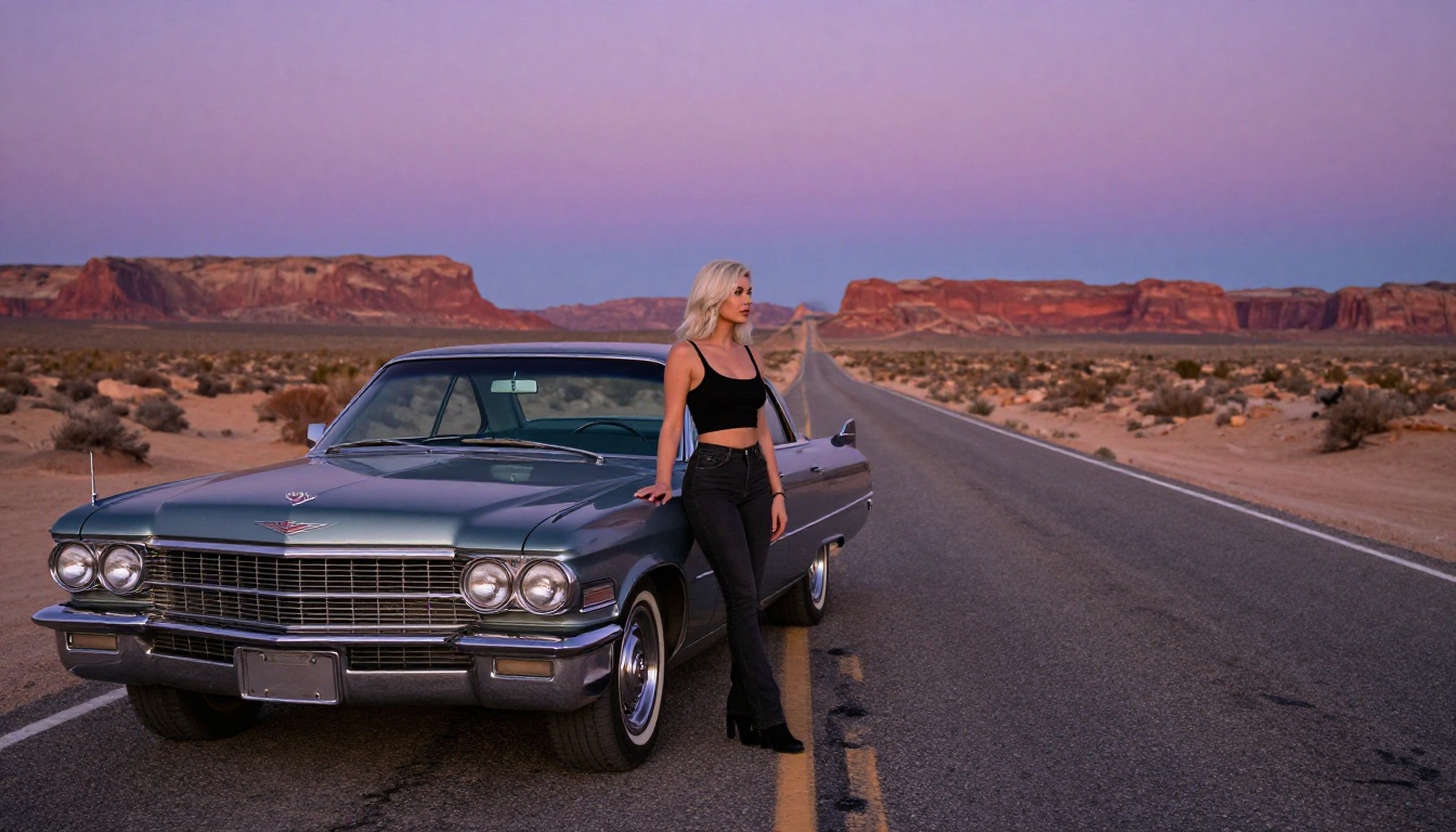A glamorous woman with platinum blonde hair leaning against a vintage Cadillac on an empty desert highway at purple twilight dusk, photorealistic RAW photography A glamorous woman with platinum blonde hair leaning against a vintage Cadillac on an empty desert highway at purple twilight dusk, photorealistic RAW photography