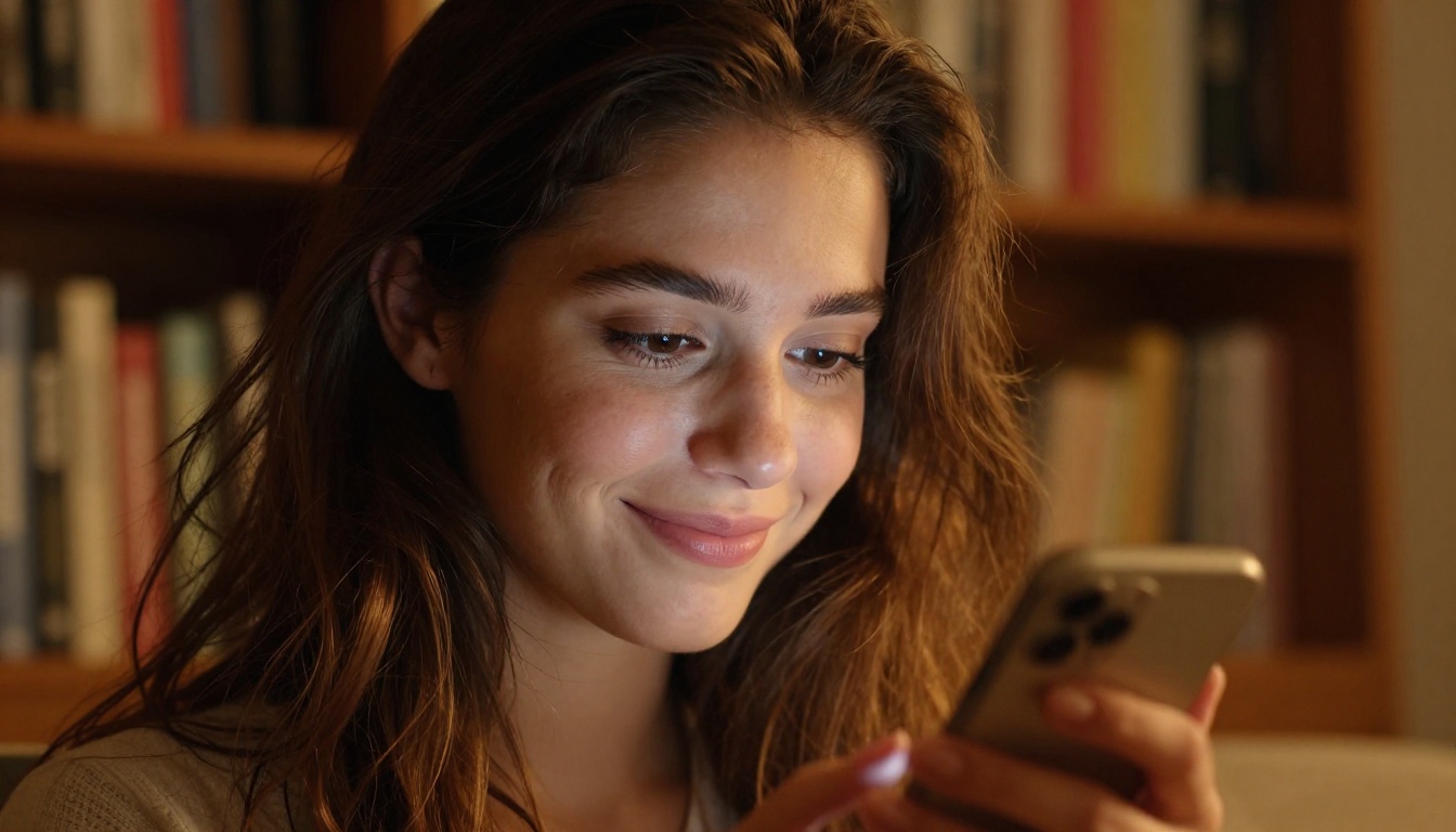 Woman looking at smartphone with warm lamp light