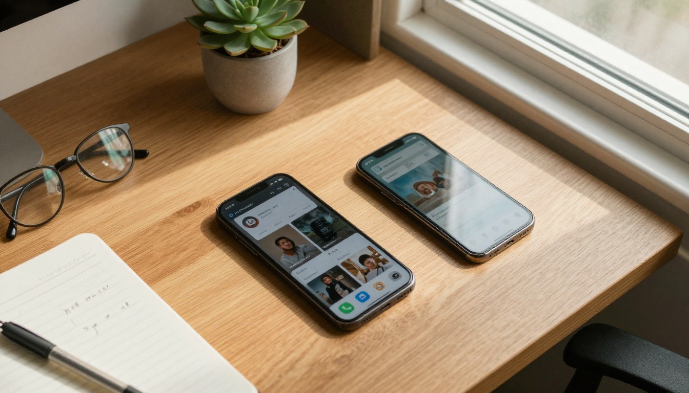 Overhead view of two smartphones on a wooden desk