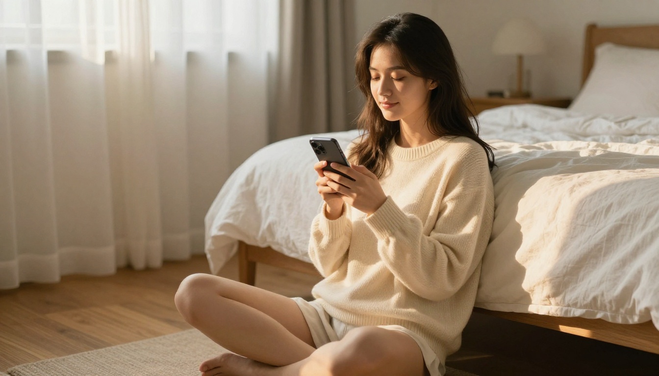 Woman sitting cross-legged on bedroom floor holding phone