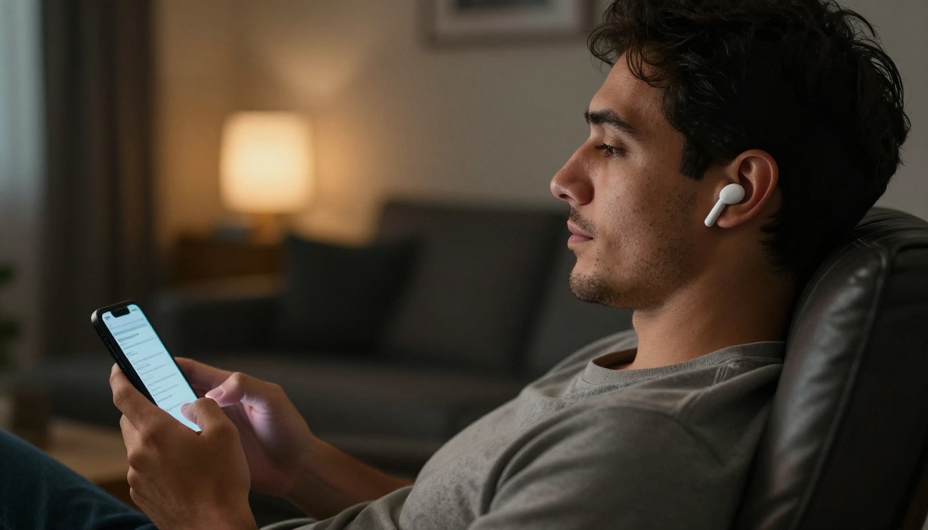 Man with wireless earbuds relaxing in leather armchair