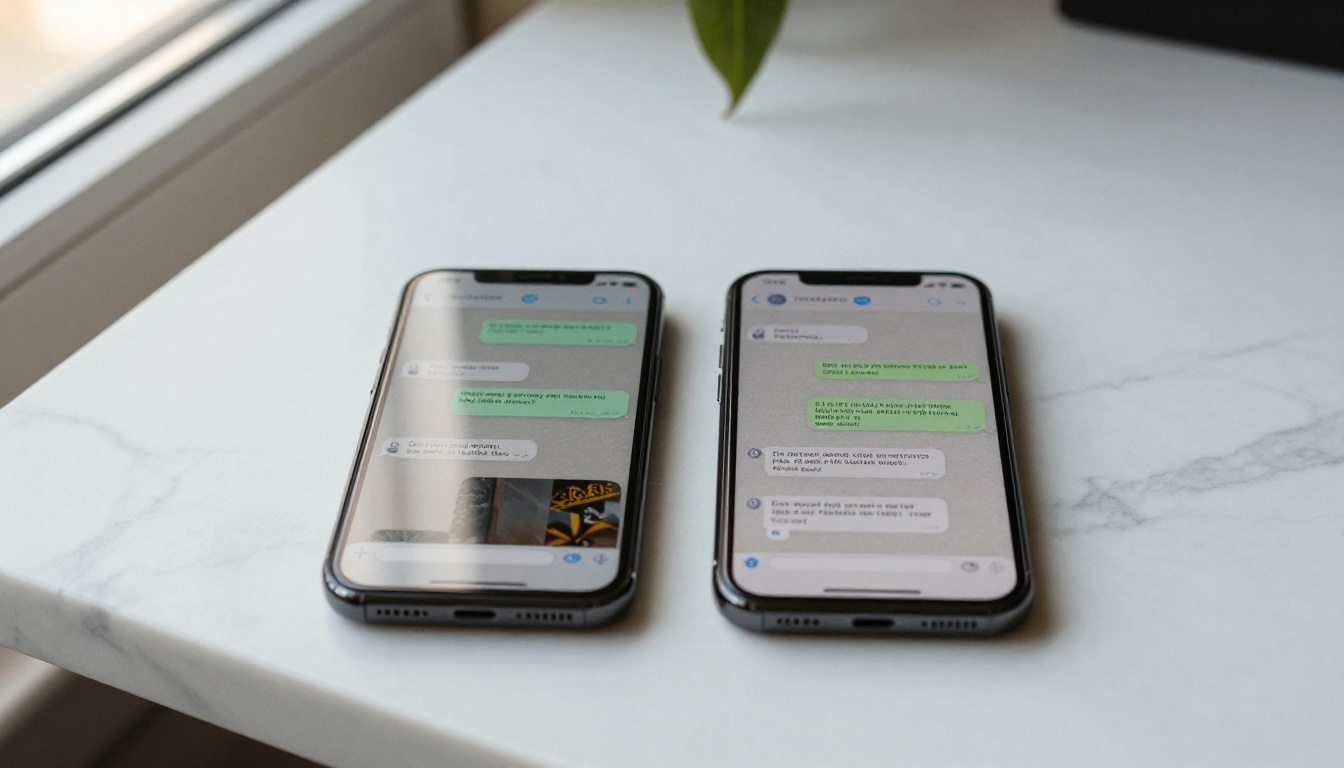 Two smartphones on white marble surface showing chat screens