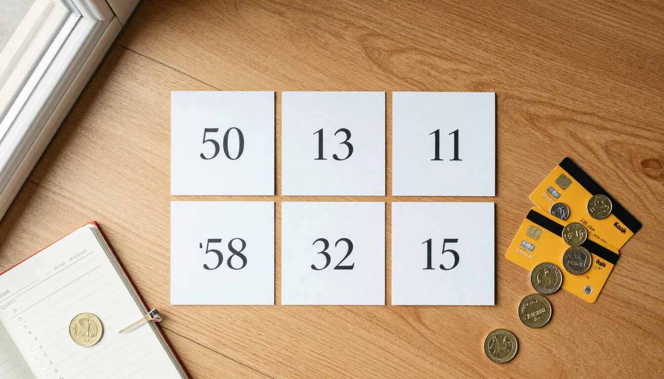 Flat lay of pricing documents and coins on wooden desk