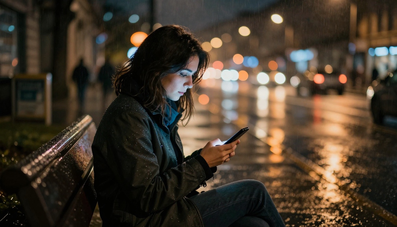 Woman alone at night on a rain-wet city bench