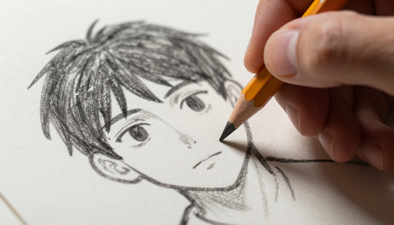 Close-up of a hand drawing rough anime character sketch on paper