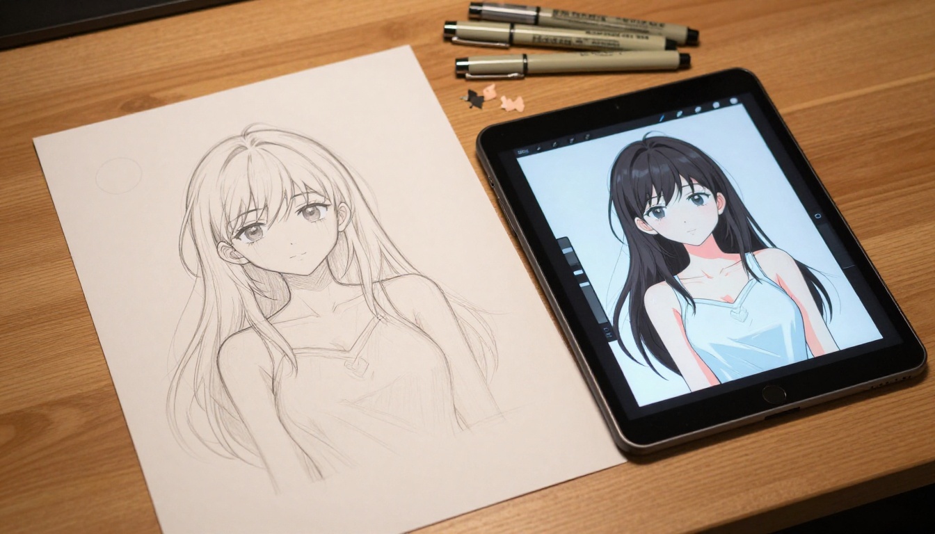 Aerial flat lay of artist's desk with rough sketch beside iPad showing anime illustration