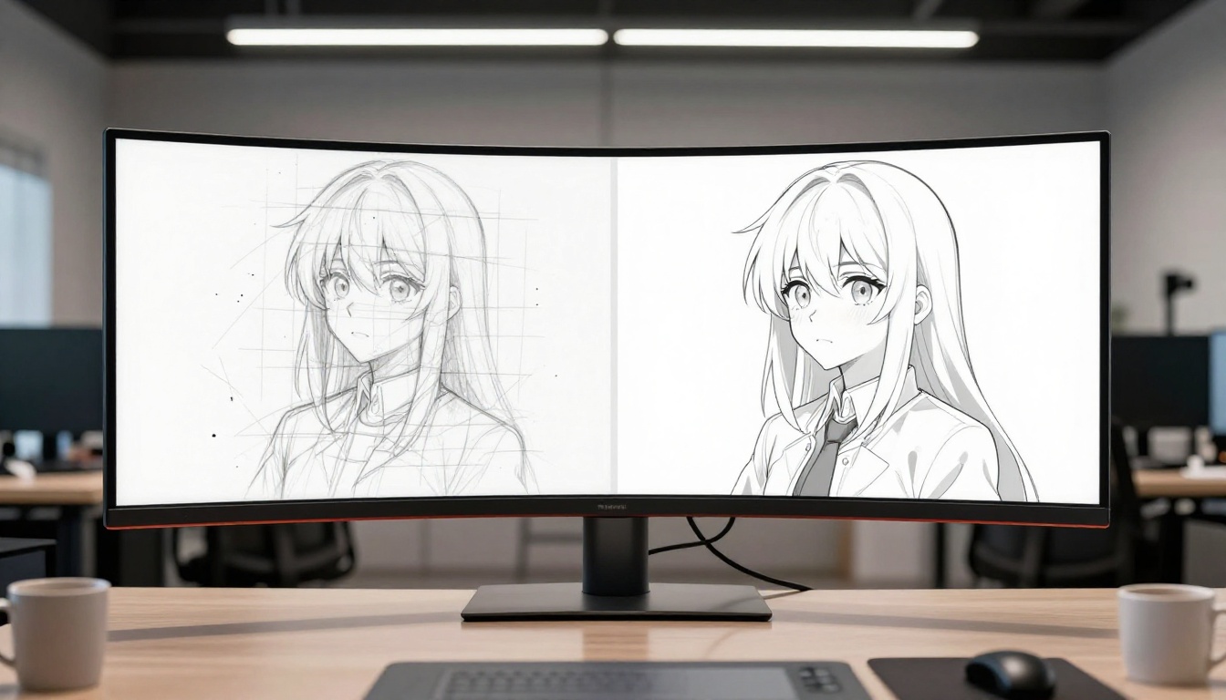 Large monitor showing split-screen comparison of rough sketch versus AI-generated anime output